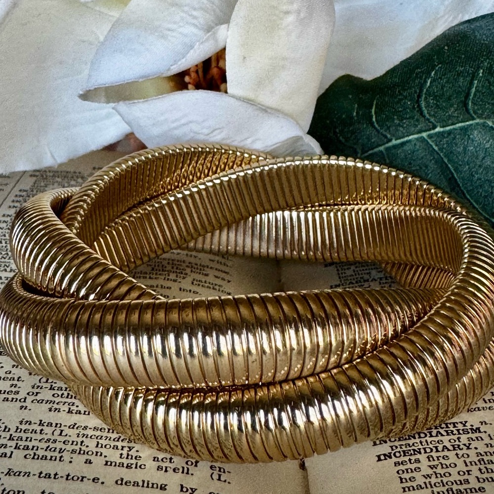 Chunky Gold Triple Coil Bangle Bracelet Ribbed Tubular Statement 3 1/2”  Cuff